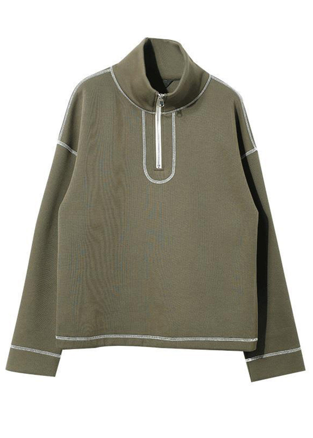 Loose Green Stand Collar Zippered Patchwork Cotton Tops Fall Ada Fashion