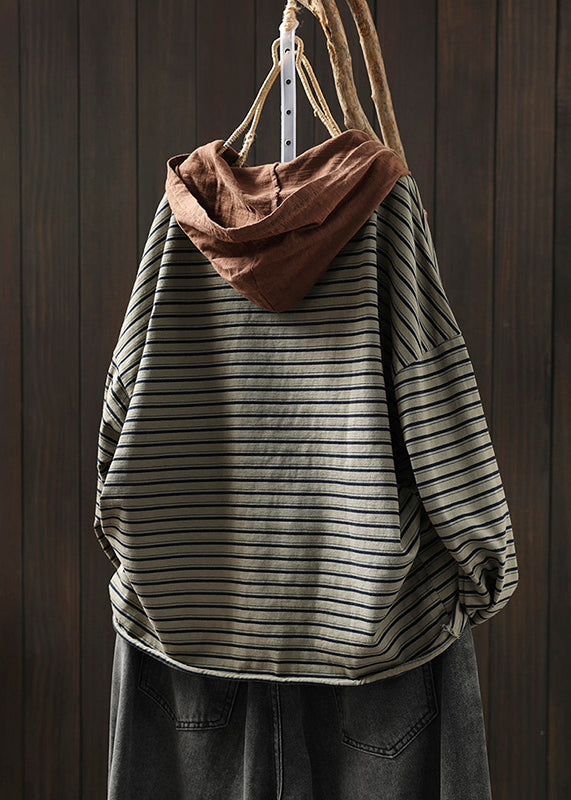 Loose Green Striped Hooded Patchwork Cotton Blouse T Shirt Fall Ada Fashion