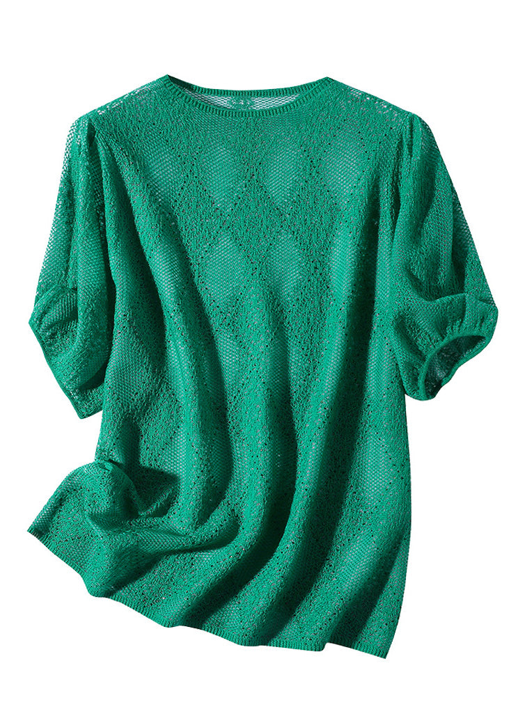 Loose Green Turtleneck Hollow Out Knit Wool Shirt Short Sleeve LY0103 - fabuloryshop