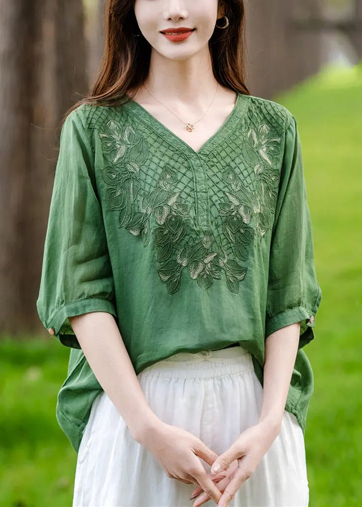 Loose Green V Neck Embroideried Patchwork Cotton T Shirt Half Sleeve Ada Fashion