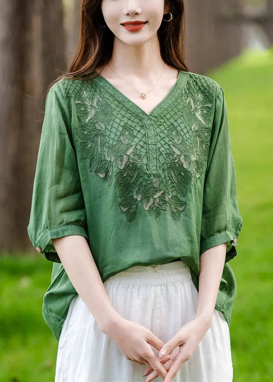 Loose Green V Neck Embroideried Patchwork Cotton T Shirt Half Sleeve Ada Fashion