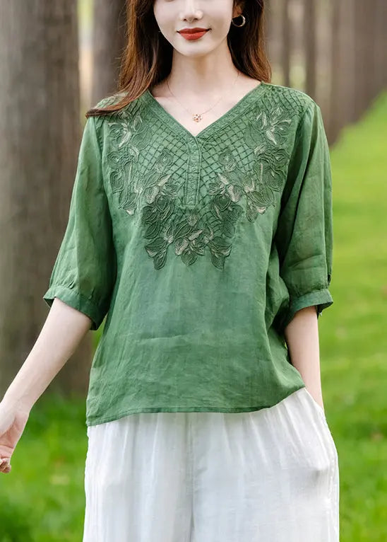 Loose Green V Neck Embroideried Patchwork Cotton T Shirt Half Sleeve Ada Fashion