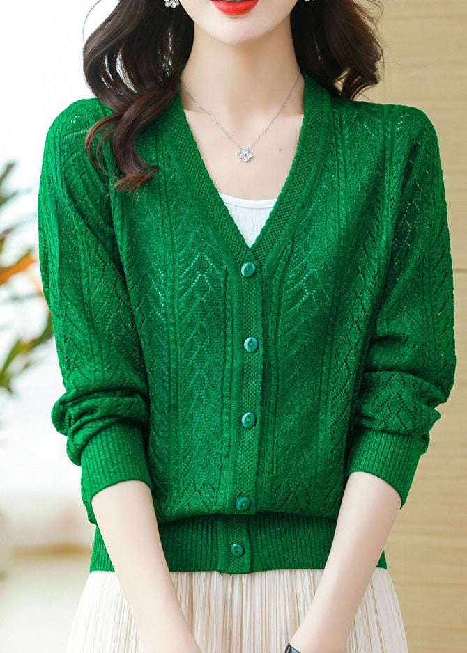 Loose Green V Neck Hollow Out Button Patchwork Knit Cardigans Fall Ada Fashion