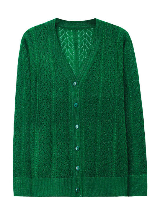 Loose Green V Neck Hollow Out Button Patchwork Knit Cardigans Fall Ada Fashion