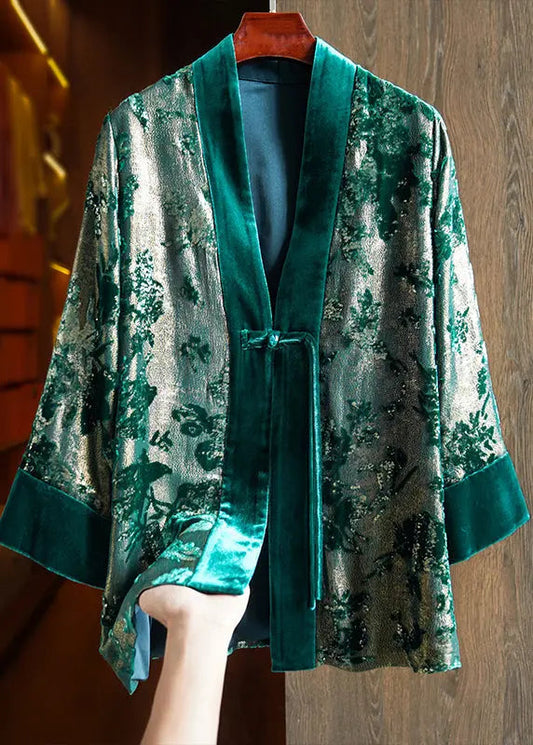 Loose Green V Neck Jacquard Patchwork Silk Velour Coats Fall Ada Fashion