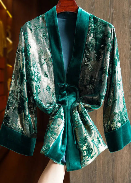 Loose Green V Neck Jacquard Patchwork Silk Velour Coats Fall Ada Fashion