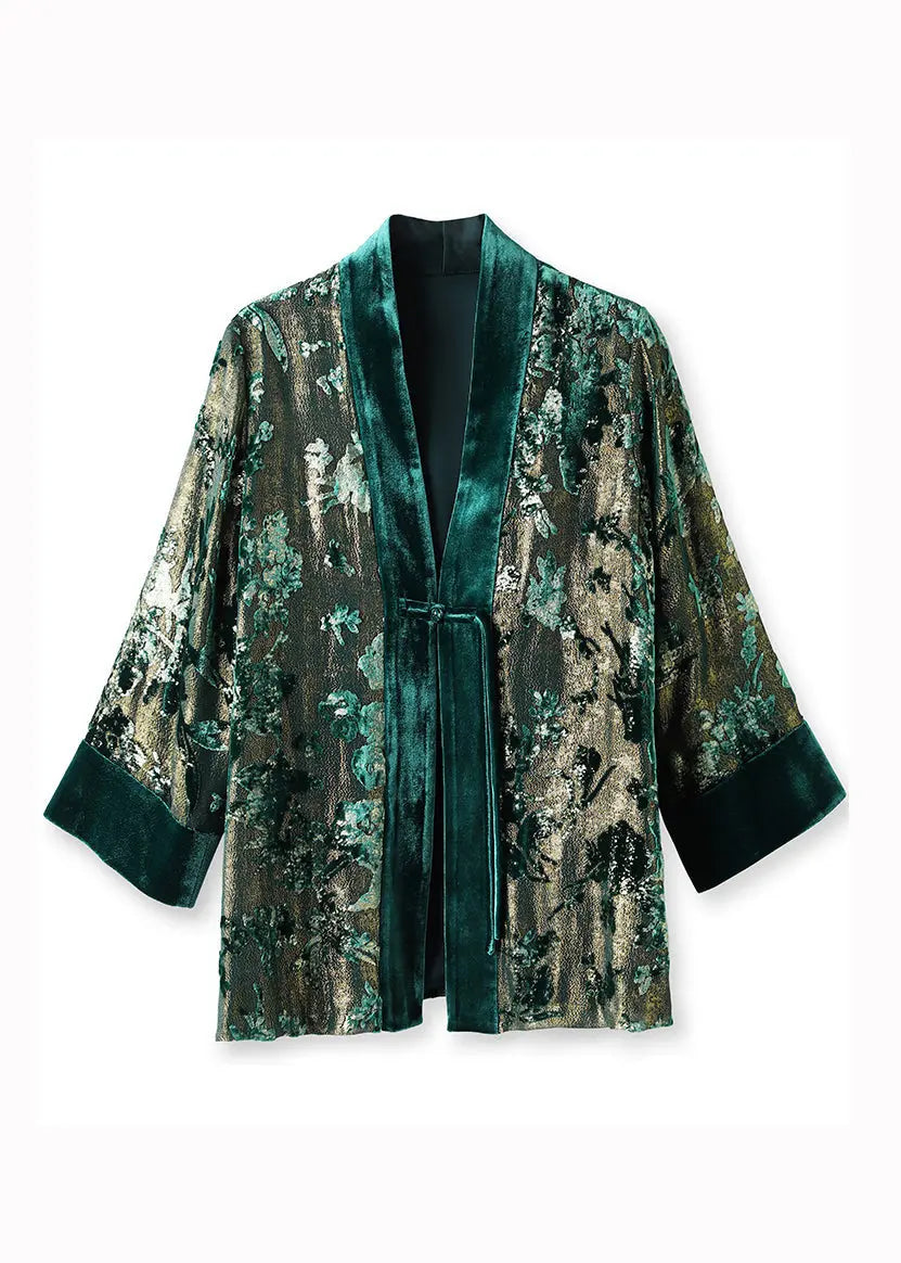 Loose Green V Neck Jacquard Patchwork Silk Velour Coats Fall Ada Fashion