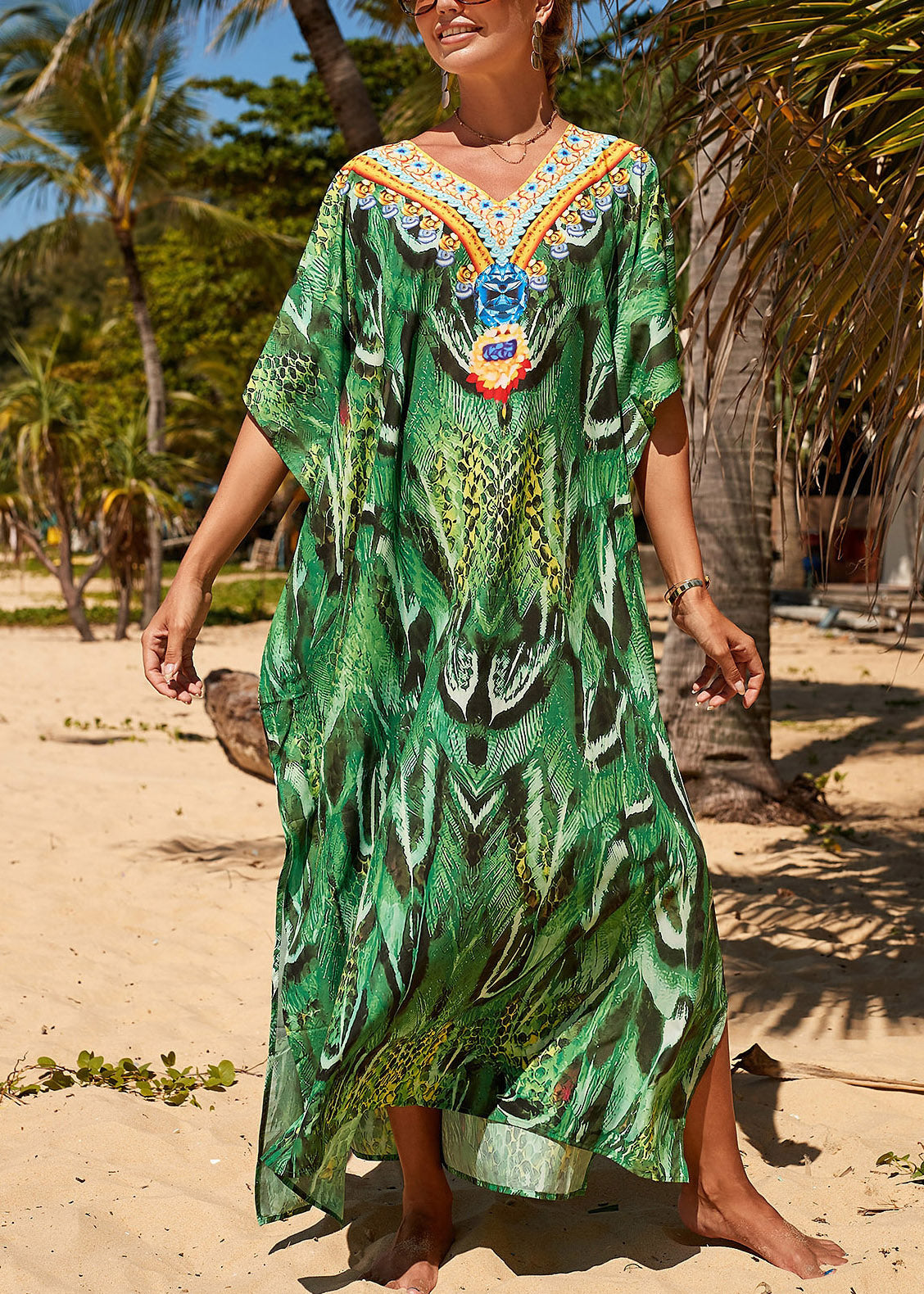 Loose Green V Neck Print Side Open Maxi Beach Dress Short Sleeve LY3012