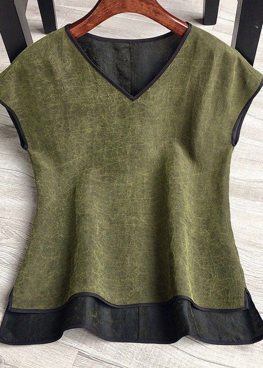 Loose Green V Neck Silk Blouse Top Summer LY2248 - fabuloryshop