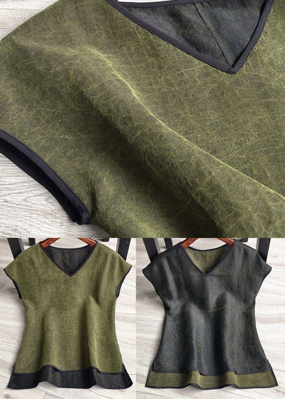 Loose Green V Neck Silk Blouse Top Summer LY2248 - fabuloryshop