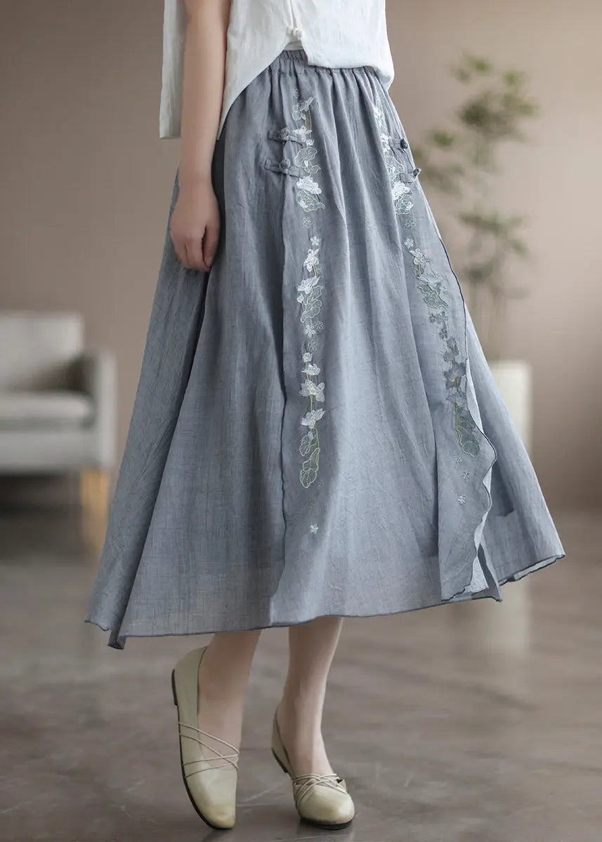 Loose Grey Embroideried Elastic Waist Patchwork Linen Skirt Fall Ada Fashion