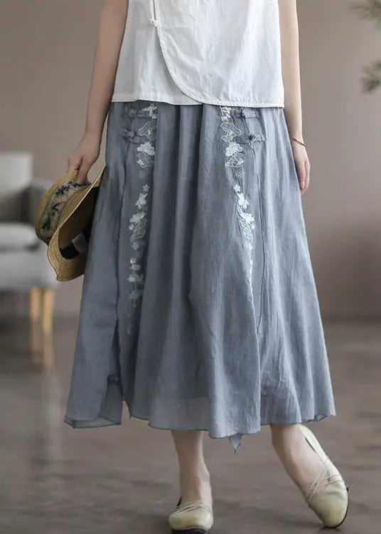 Loose Grey Embroideried Elastic Waist Patchwork Linen Skirt Fall Ada Fashion