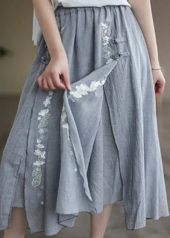 Loose Grey Embroideried Elastic Waist Patchwork Linen Skirt Fall Ada Fashion