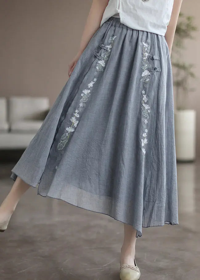 Loose Grey Embroideried Elastic Waist Patchwork Linen Skirt Fall Ada Fashion