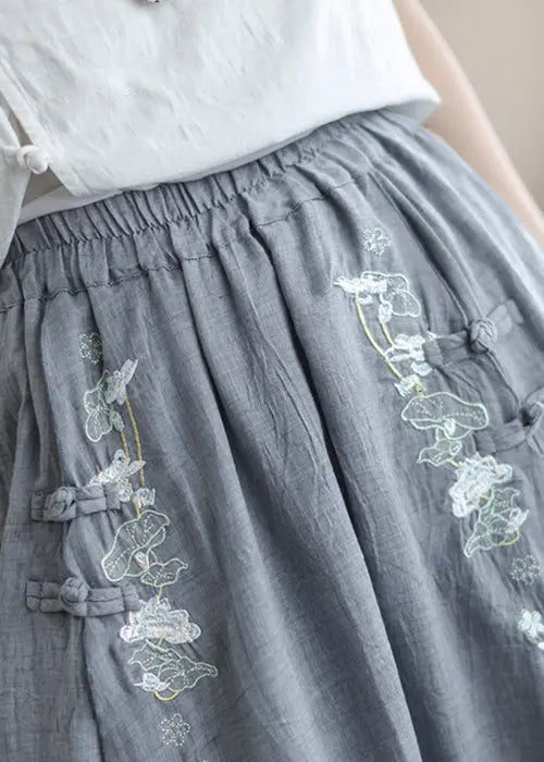 Loose Grey Embroideried Elastic Waist Patchwork Linen Skirt Fall Ada Fashion