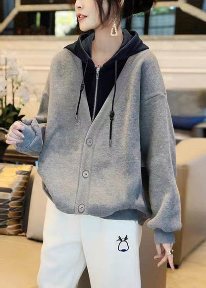 Loose Grey False Hooded Two Piecess Cotton Coats Fall Ada Fashion