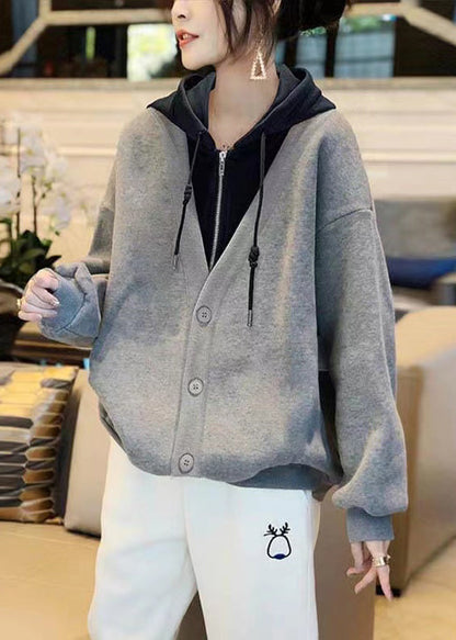 Loose Grey False Hooded Two Piecess Cotton Coats Fall Ada Fashion