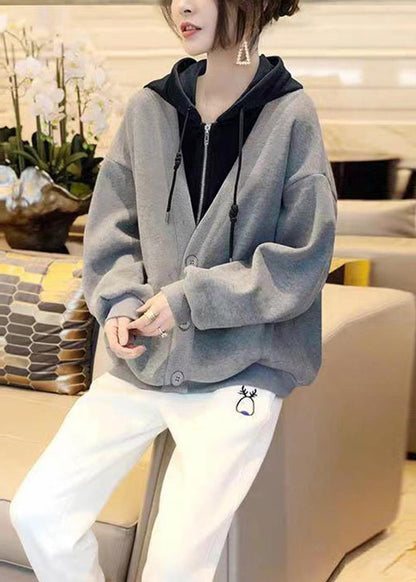 Loose Grey False Hooded Two Piecess Cotton Coats Fall Ada Fashion