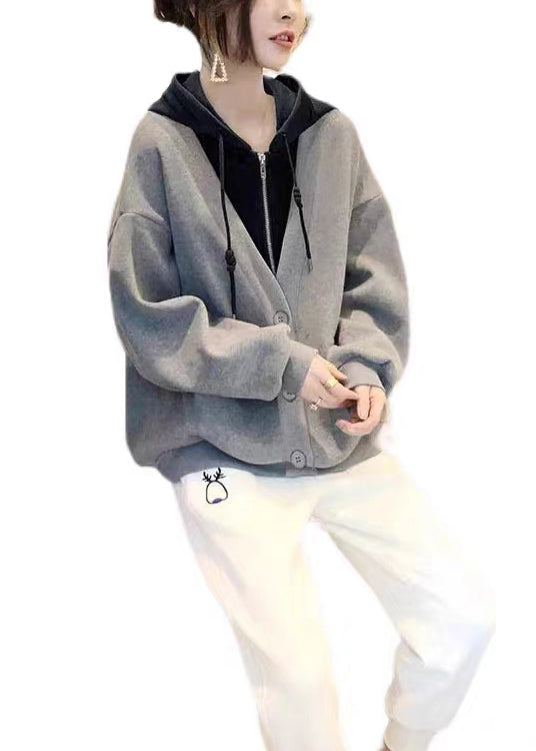 Loose Grey False Hooded Two Piecess Cotton Coats Fall Ada Fashion