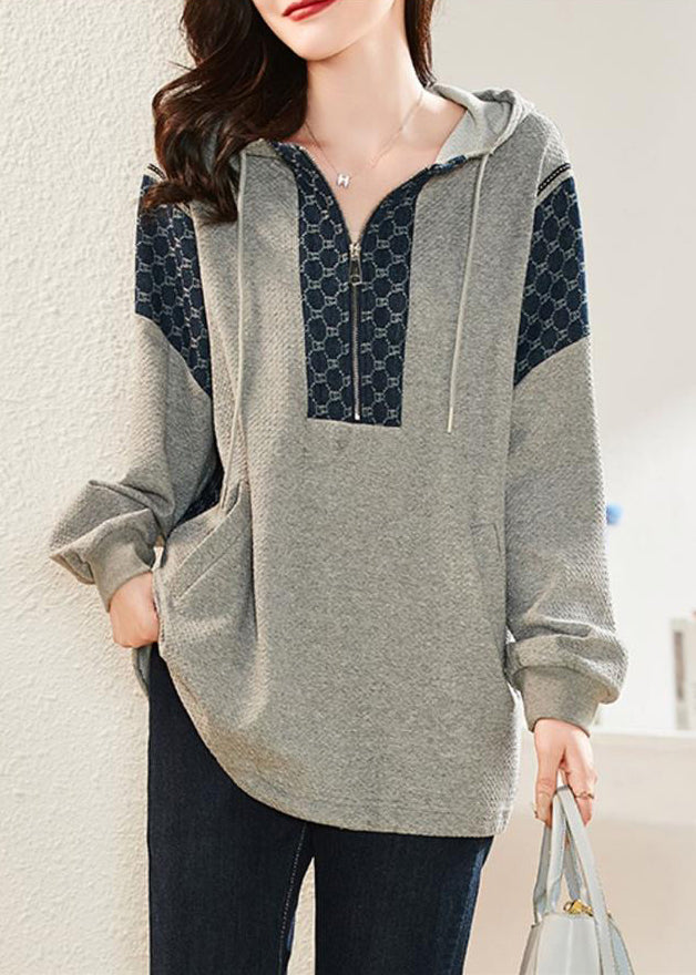 Loose Grey Hooded Pockets Patchwork Cotton Sweatshirt Long Sleeve Ada Fashion