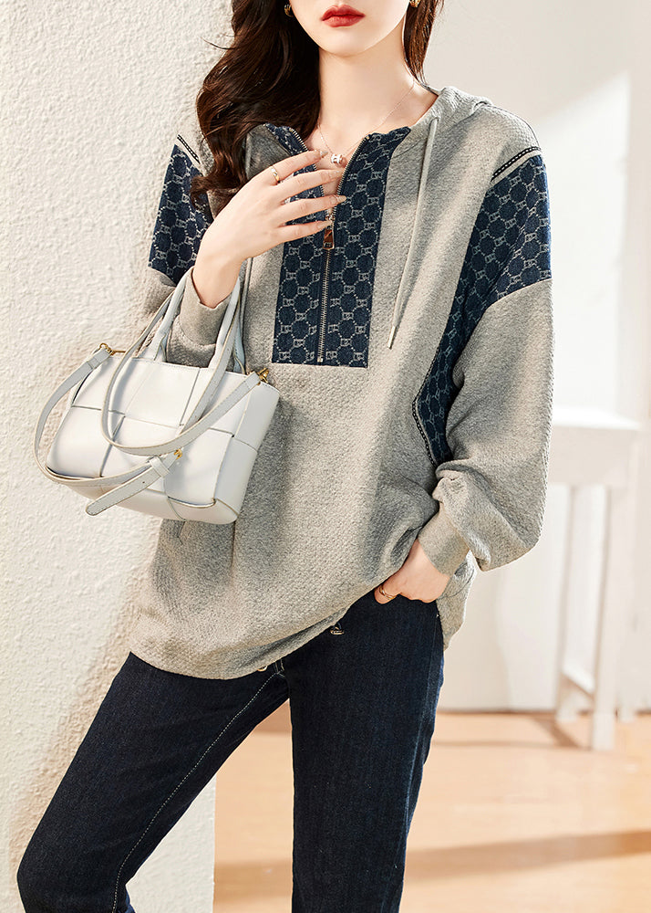 Loose Grey Hooded Pockets Patchwork Cotton Sweatshirt Long Sleeve Ada Fashion