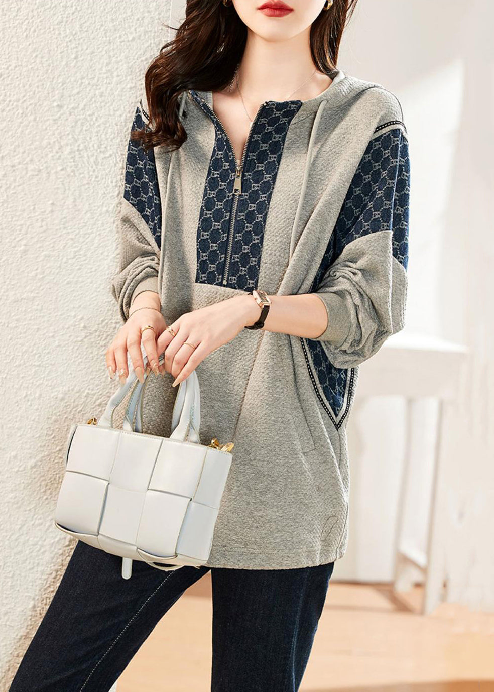 Loose Grey Hooded Pockets Patchwork Cotton Sweatshirt Long Sleeve Ada Fashion