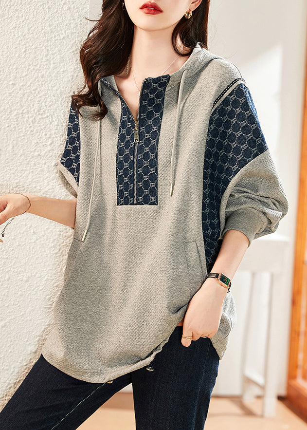 Loose Grey Hooded Pockets Patchwork Cotton Sweatshirt Long Sleeve Ada Fashion