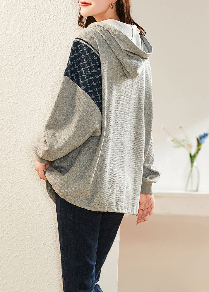 Loose Grey Hooded Pockets Patchwork Cotton Sweatshirt Long Sleeve Ada Fashion