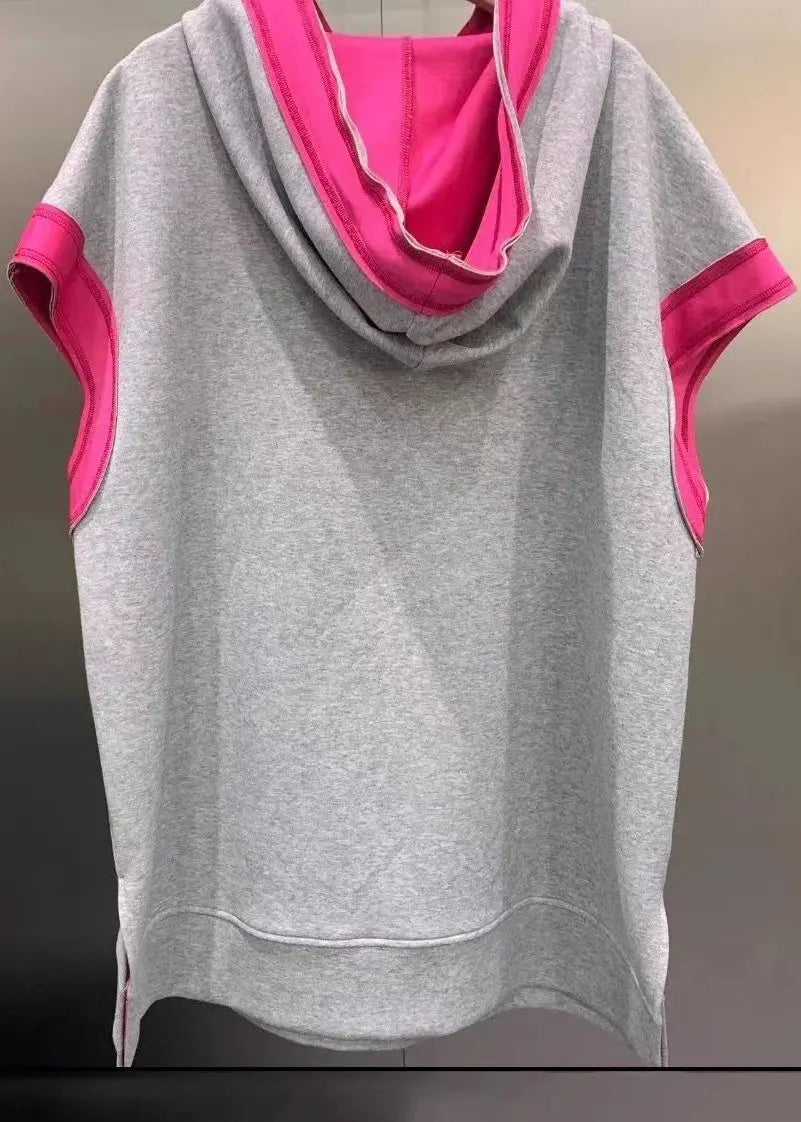 Loose Grey Hooded Pockets Side Open Patchwork Cotton Sweatshirt Summer Ada Fashion