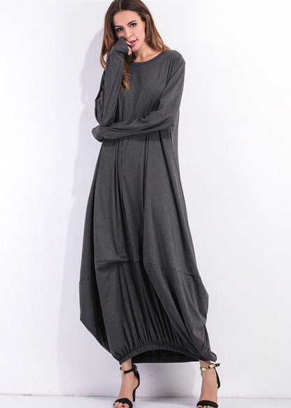 Loose Grey O Neck Asymmetrical Design Cotton Maxi Dress Spring LY1978 - fabuloryshop