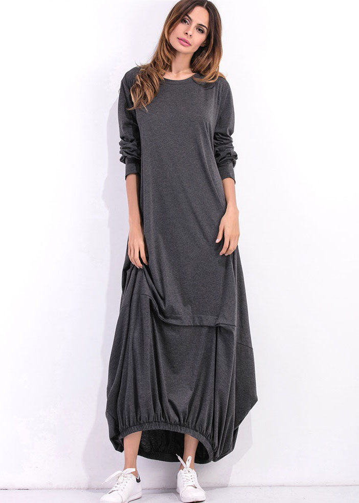 Loose Grey O Neck Asymmetrical Design Cotton Maxi Dress Spring LY1978 - fabuloryshop