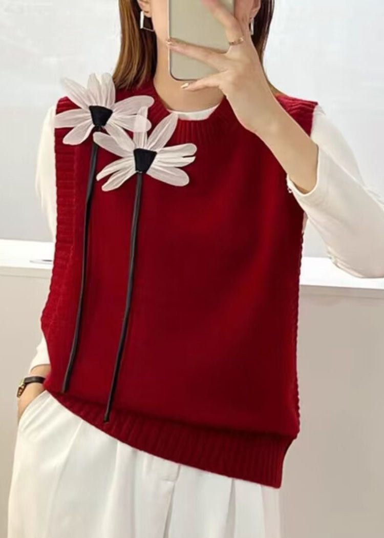 Loose Grey O-Neck Floral Knit Waistcoat Sleeveless Ada Fashion