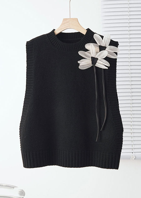 Loose Grey O-Neck Floral Knit Waistcoat Sleeveless Ada Fashion
