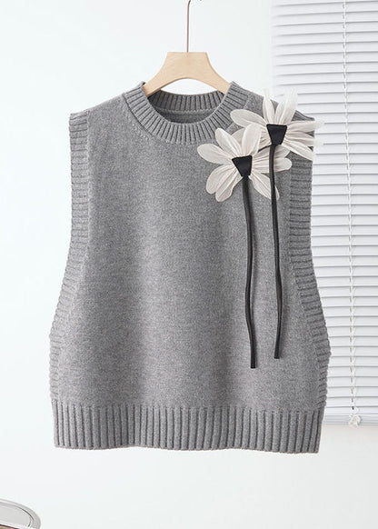 Loose Grey O-Neck Floral Knit Waistcoat Sleeveless Ada Fashion