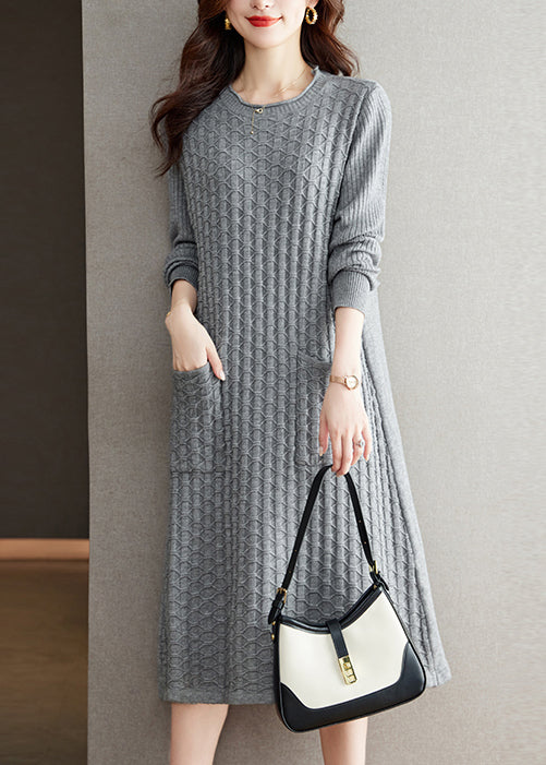 Loose Grey O Neck Pockets Patchwork Woolen Dress Fall Ada Fashion