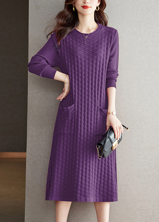 Loose Grey O Neck Pockets Patchwork Woolen Dress Fall Ada Fashion