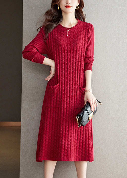 Loose Grey O Neck Pockets Patchwork Woolen Dress Fall Ada Fashion