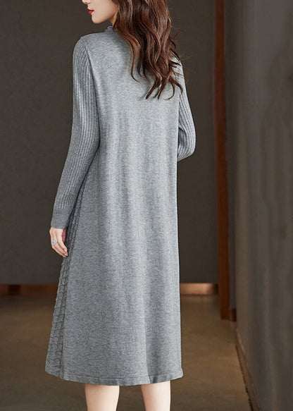 Loose Grey O Neck Pockets Patchwork Woolen Dress Fall Ada Fashion