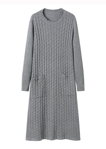 Loose Grey O Neck Pockets Patchwork Woolen Dress Fall Ada Fashion