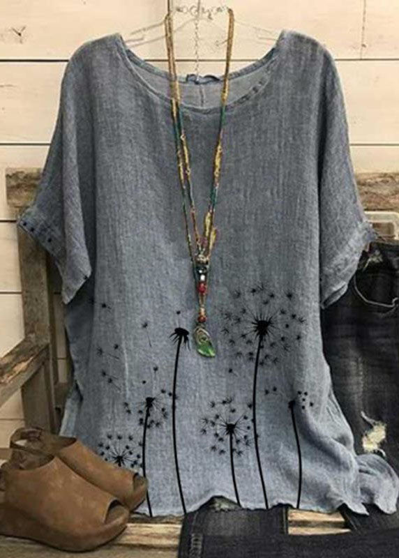 Loose Grey O Neck Print Patchwork Linen Top Short Sleeve LY2592 - fabuloryshop