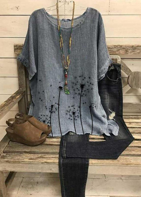 Loose Grey O Neck Print Patchwork Linen Top Short Sleeve LY2592 - fabuloryshop