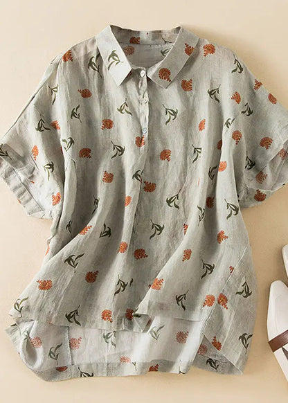 Loose Grey Print Peter Pan Collar Button Linen Blouse Top Summer Ada Fashion