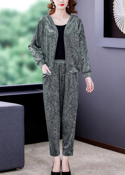 Loose Grey Print Silk Velour Coats And Harem Pants Two Pieces Set Fall Ada Fashion