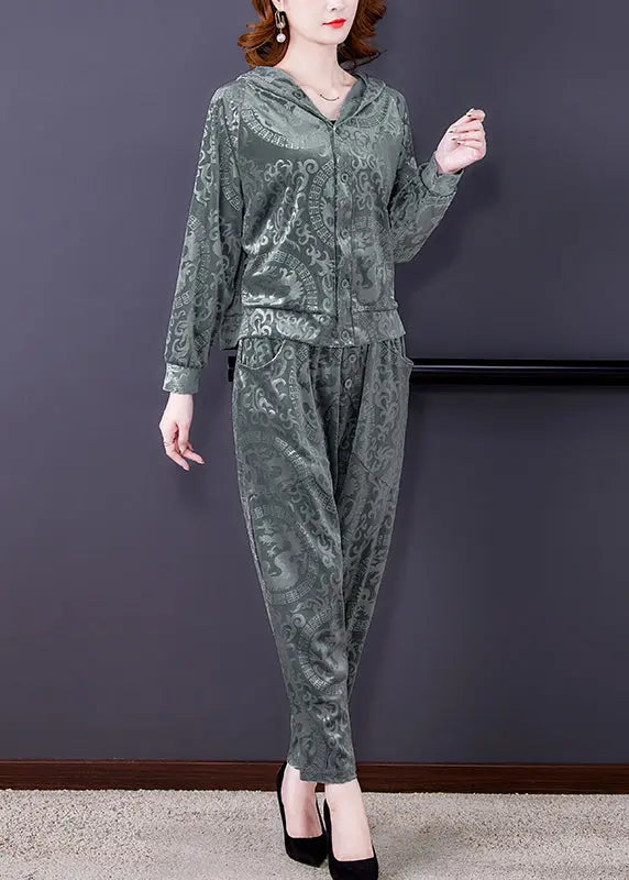 Loose Grey Print Silk Velour Coats And Harem Pants Two Pieces Set Fall Ada Fashion