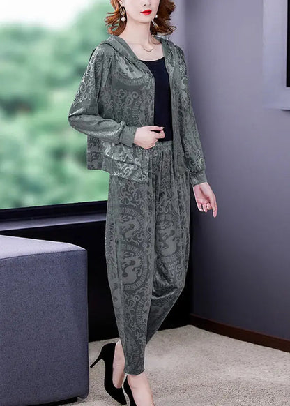 Loose Grey Print Silk Velour Coats And Harem Pants Two Pieces Set Fall Ada Fashion