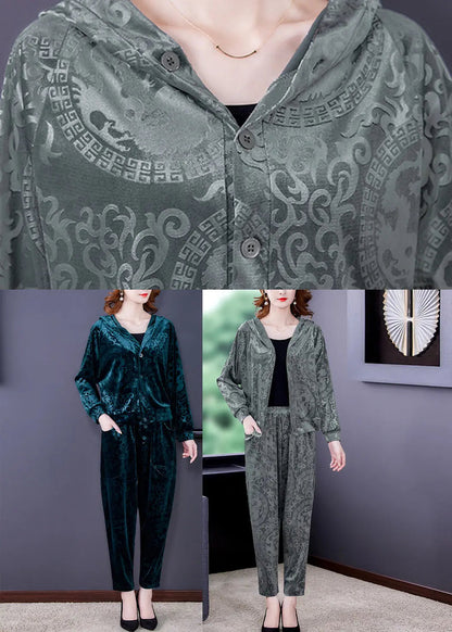 Loose Grey Print Silk Velour Coats And Harem Pants Two Pieces Set Fall Ada Fashion