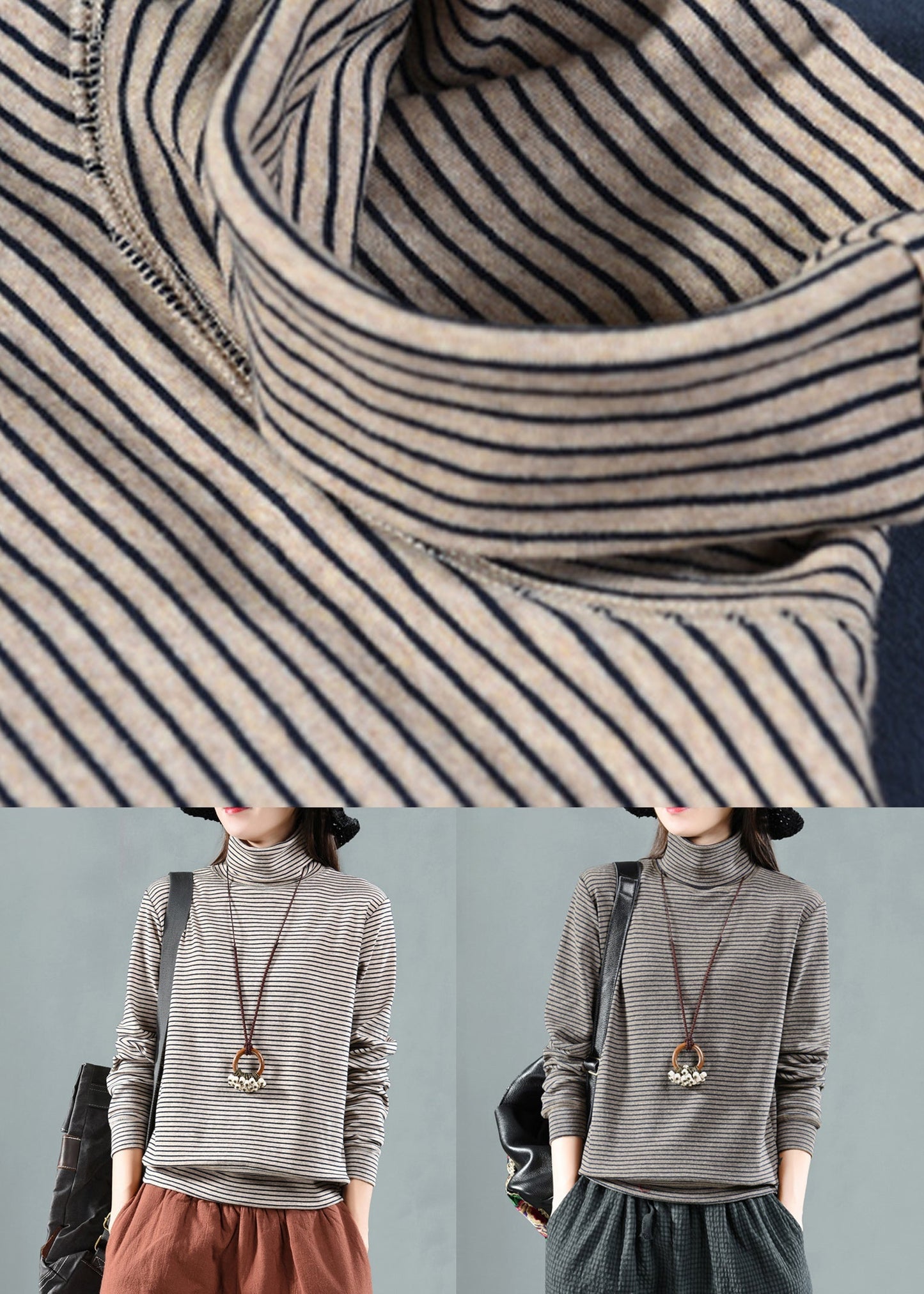 Loose Grey Striped Patchwork Warm Fleece Top Fall Ada Fashion