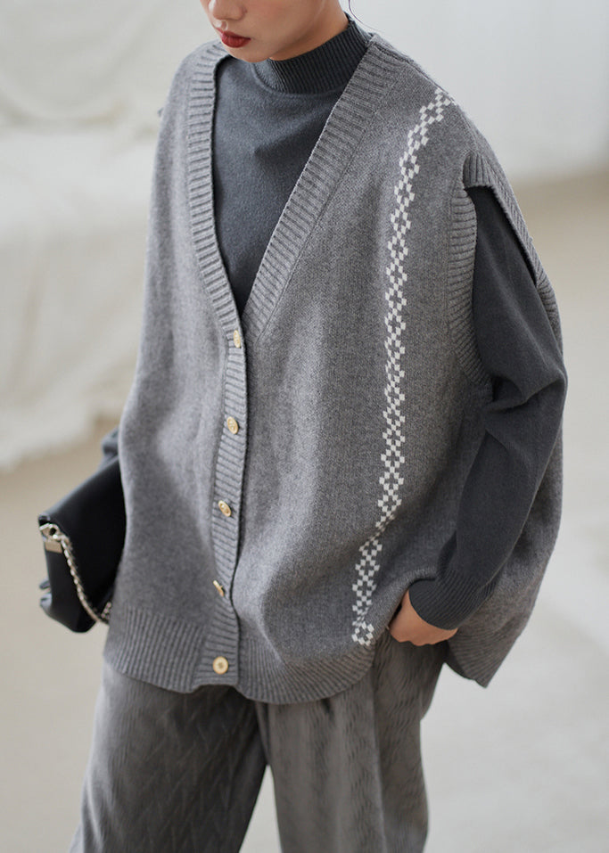 Loose Grey Button Cozy Knit Waistcoat Sleeveless