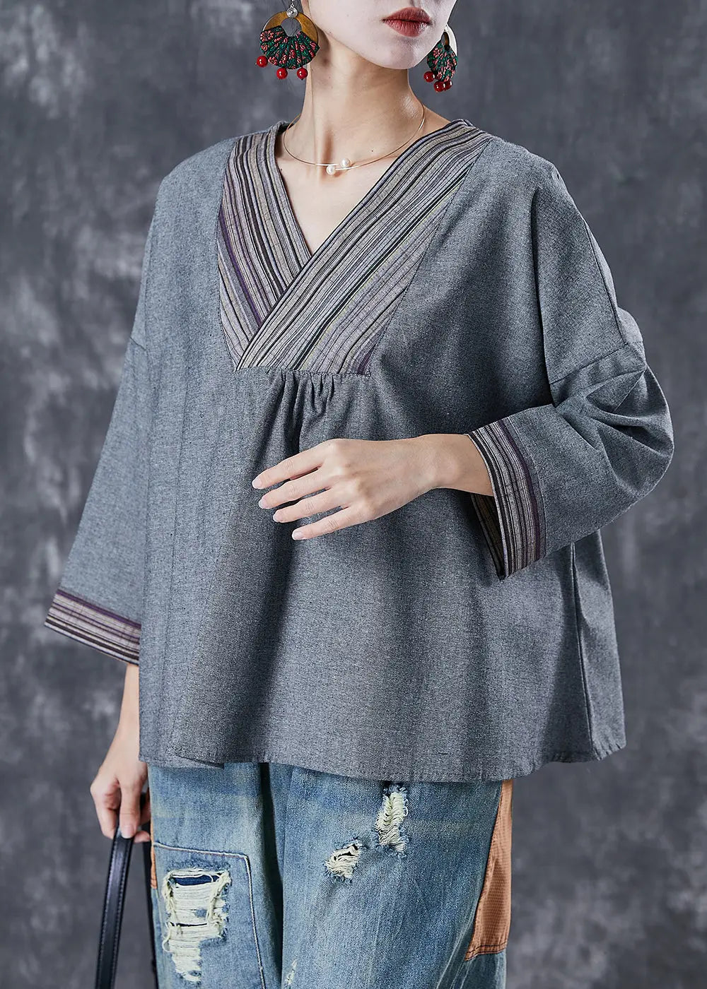 Loose Grey V Neck Patchwork Cotton Blouses Fall Ada Fashion