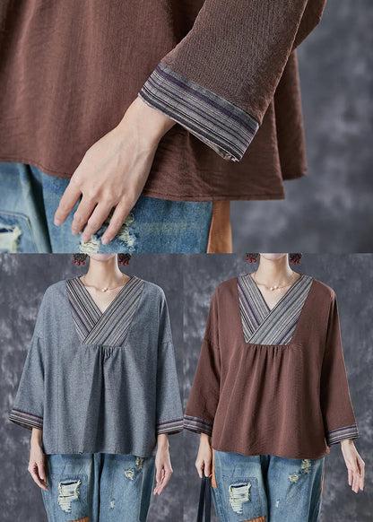 Loose Grey V Neck Patchwork Cotton Blouses Fall Ada Fashion